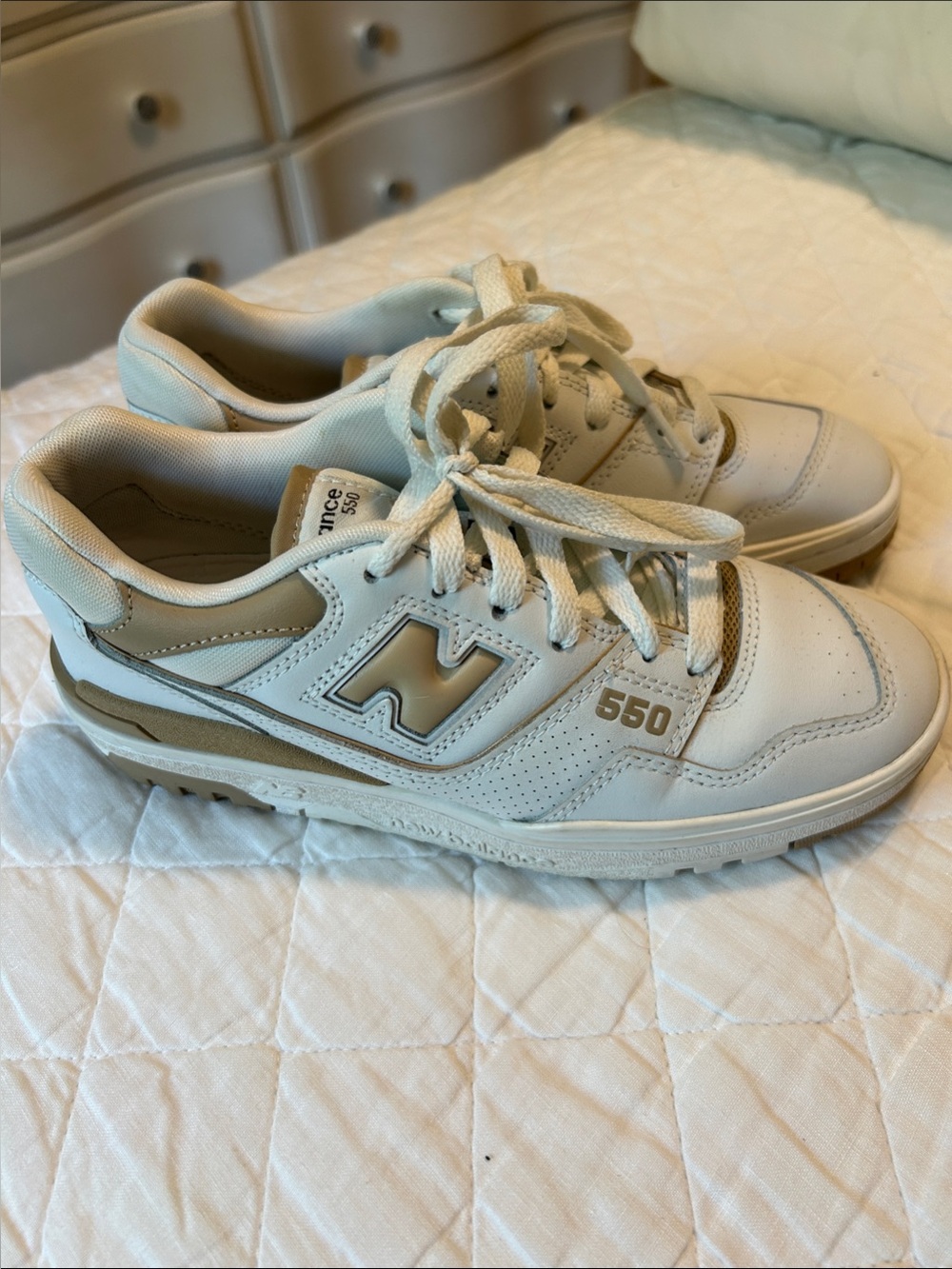 New Balance 550 Women's White and Tan Leather Sneakers